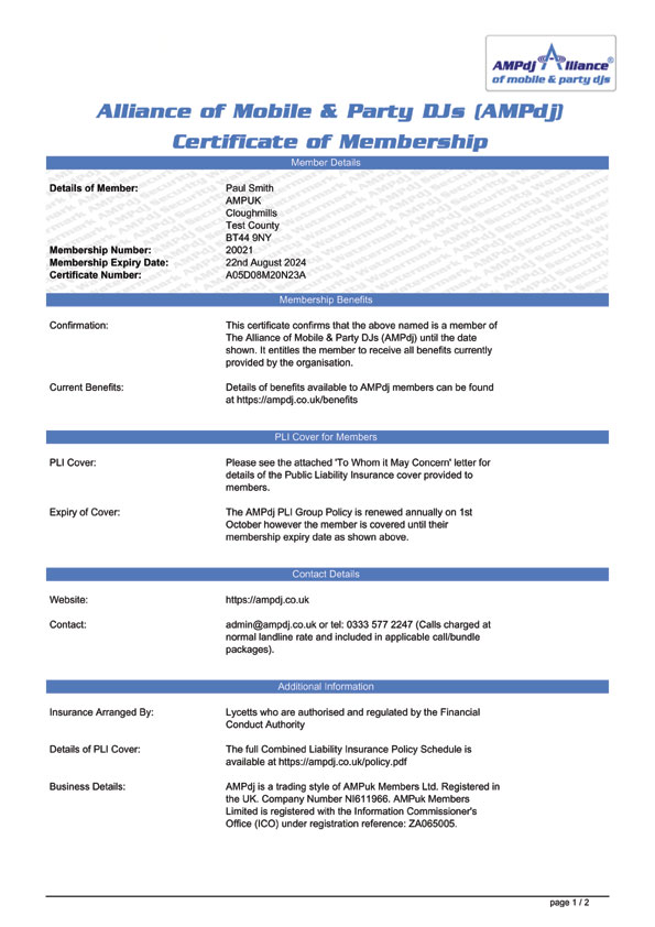 sample member certificate